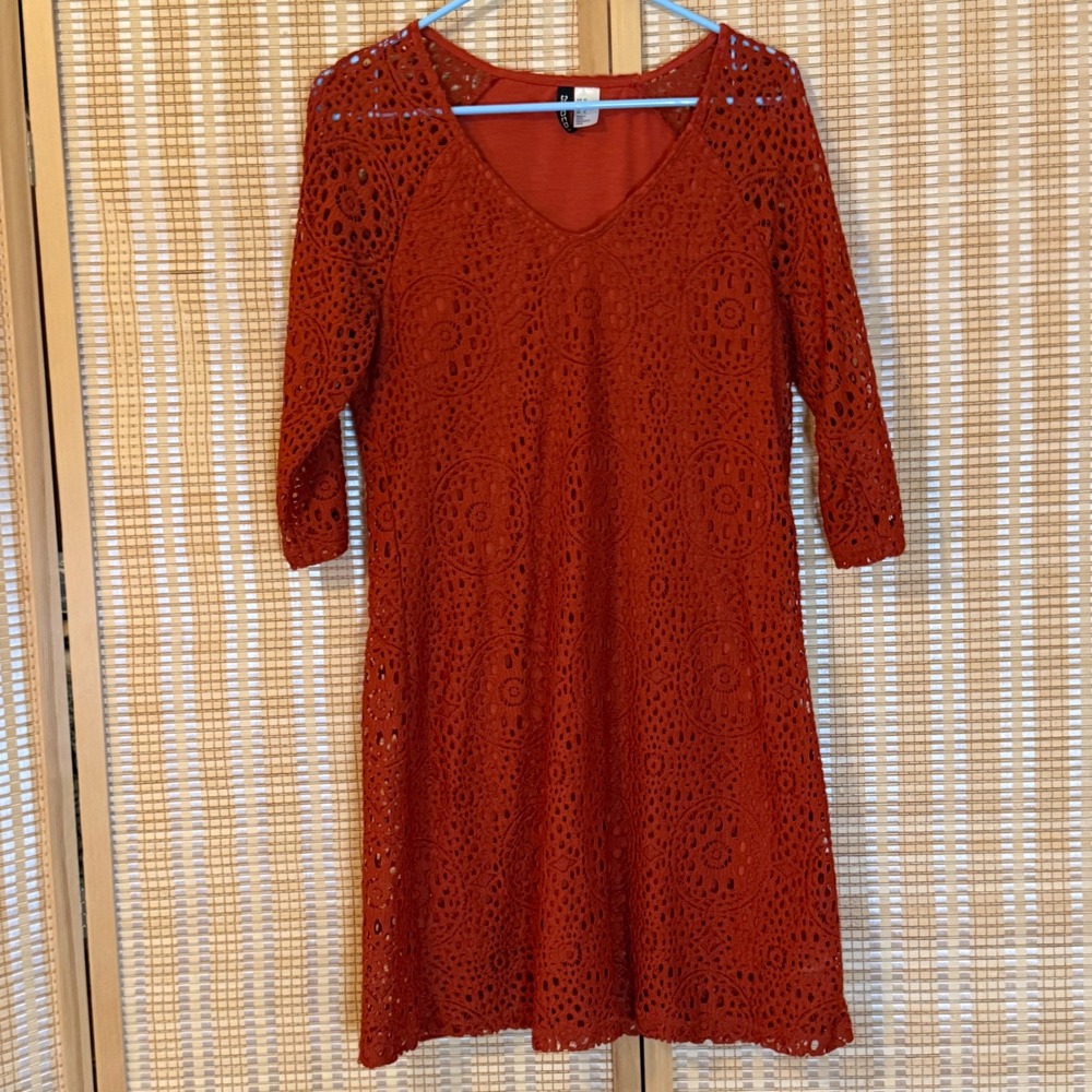 H&M‎ Divided Rust Orange Crochet Lace V-Neck Shift Dress Womens 14 3/4 Sleeve